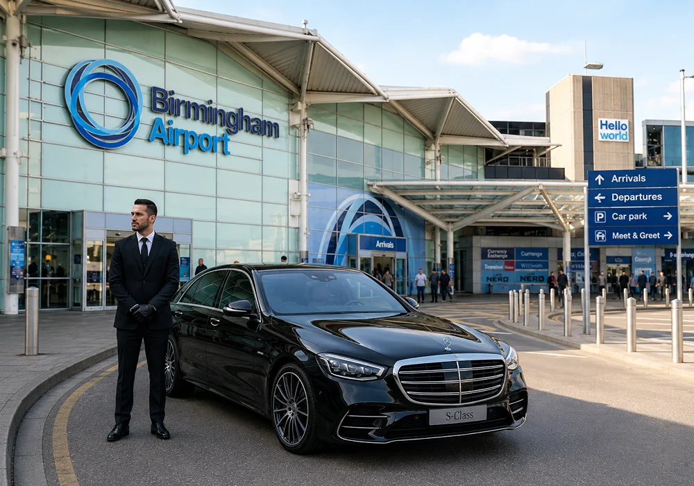 Chauffeur standing beside Mercedes S-Class outside airport terminal