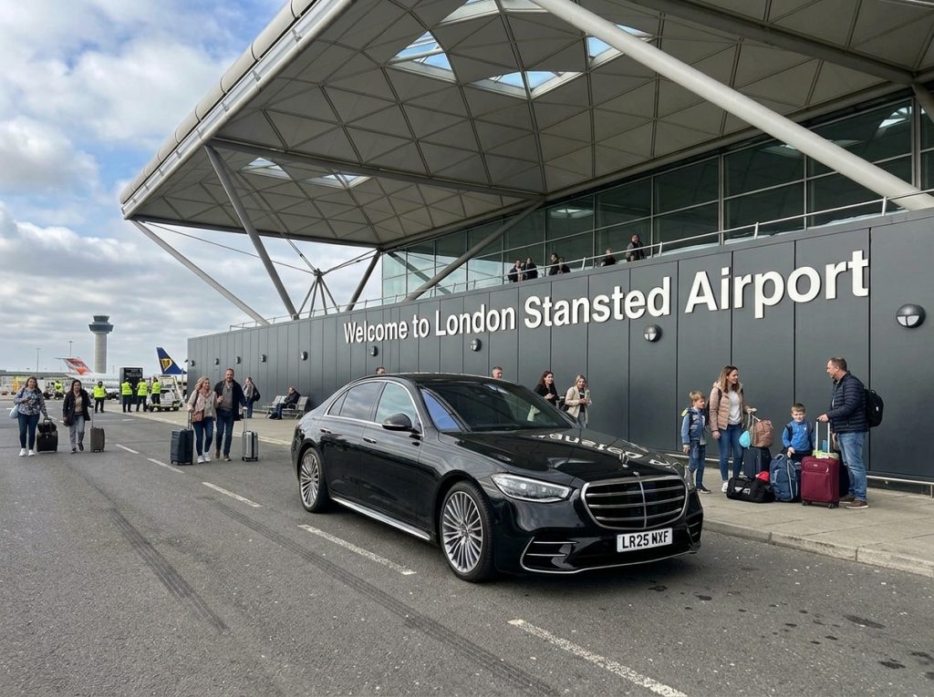 Traveller checking departure board at Stansted Airport before a flight