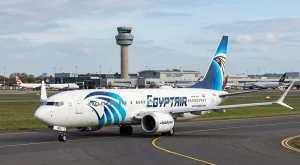 EgyptAir Boeing 737 MAX 8 on the runway at Birmingham Airport for the new Cairo route