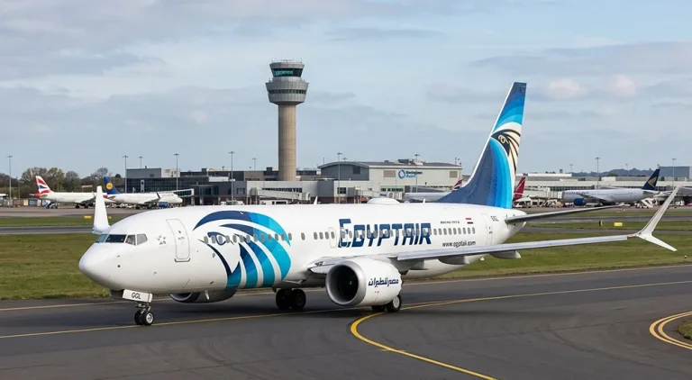 EgyptAir Boeing 737 MAX 8 on the runway at Birmingham Airport for the new Cairo route