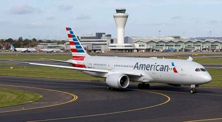 Passenger boarding a transatlantic flight at an airport gate with New York skyline artwork