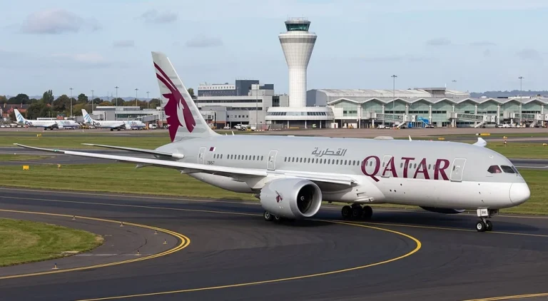 Qatar Airways Boeing 787 on the stand at Birmingham Airport ahead of its flight to Doha