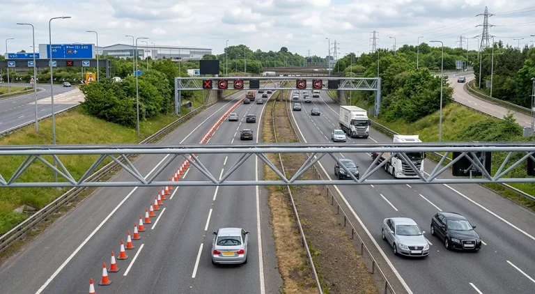Traffic on the M42 near junction 6 with diversion signs ahead of the HS2 weekend closure