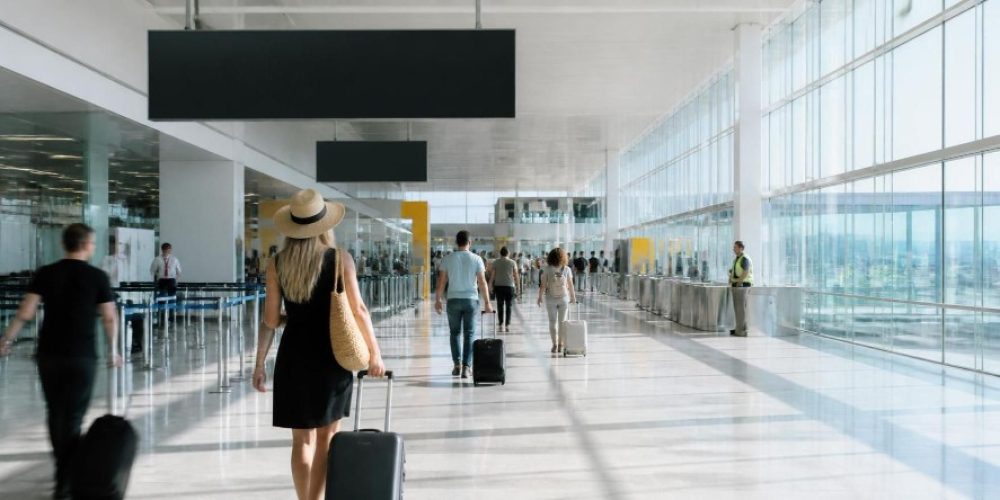 UK airport departure board during busy summer travel