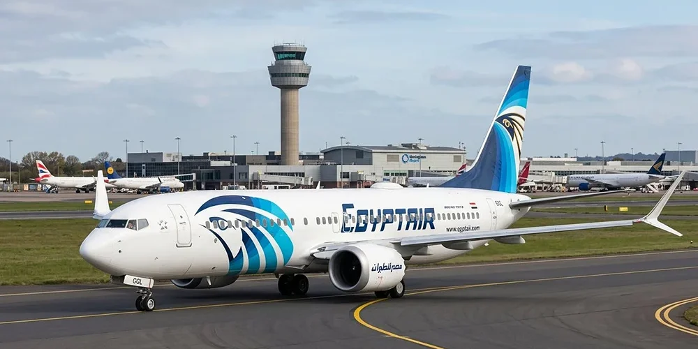 EgyptAir Boeing 737 MAX 8 on the runway at Birmingham Airport for the new Cairo route